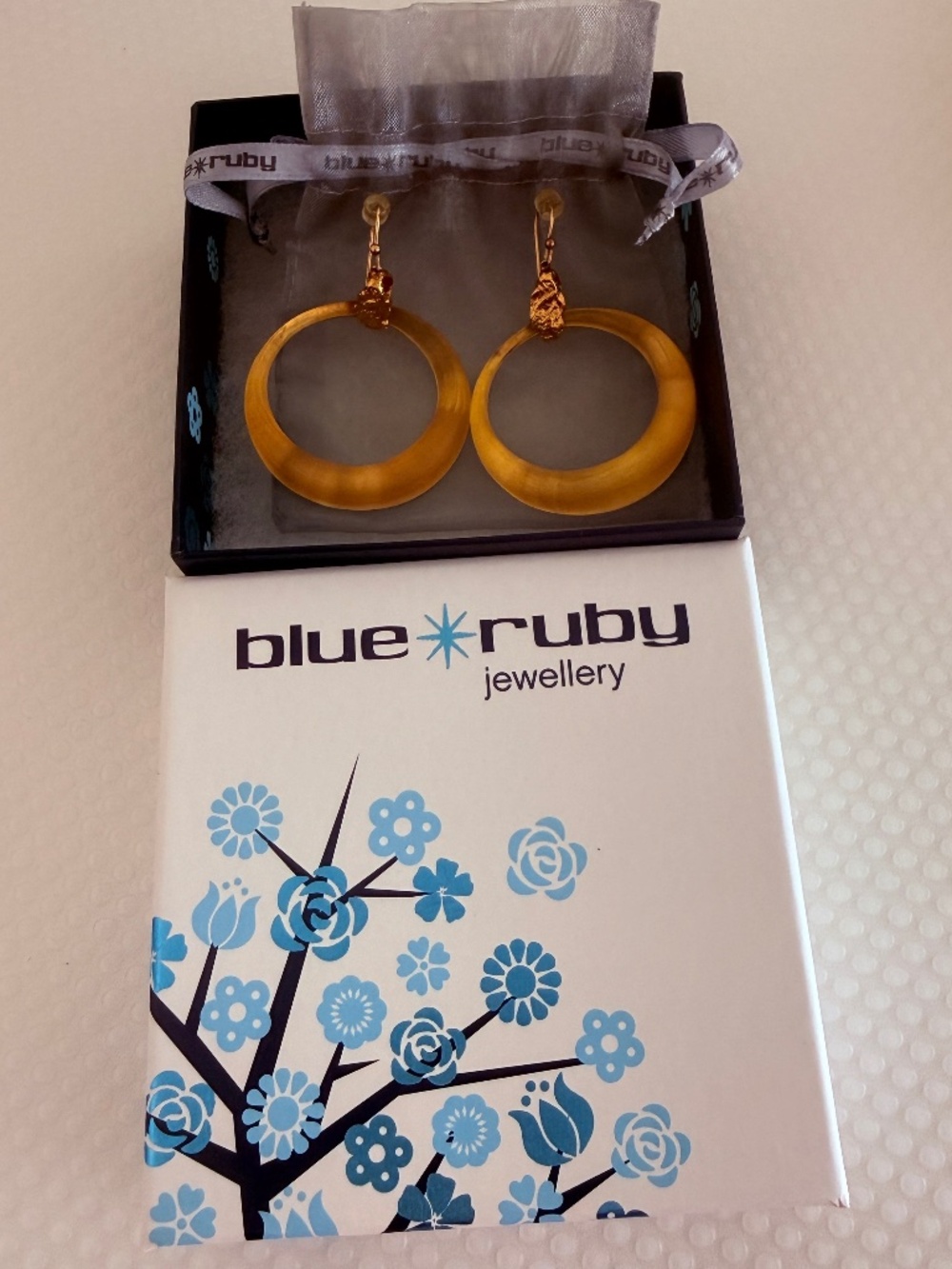 Like new Blue Ruby Hoop Drop Earrings with Solid Gold Hooks